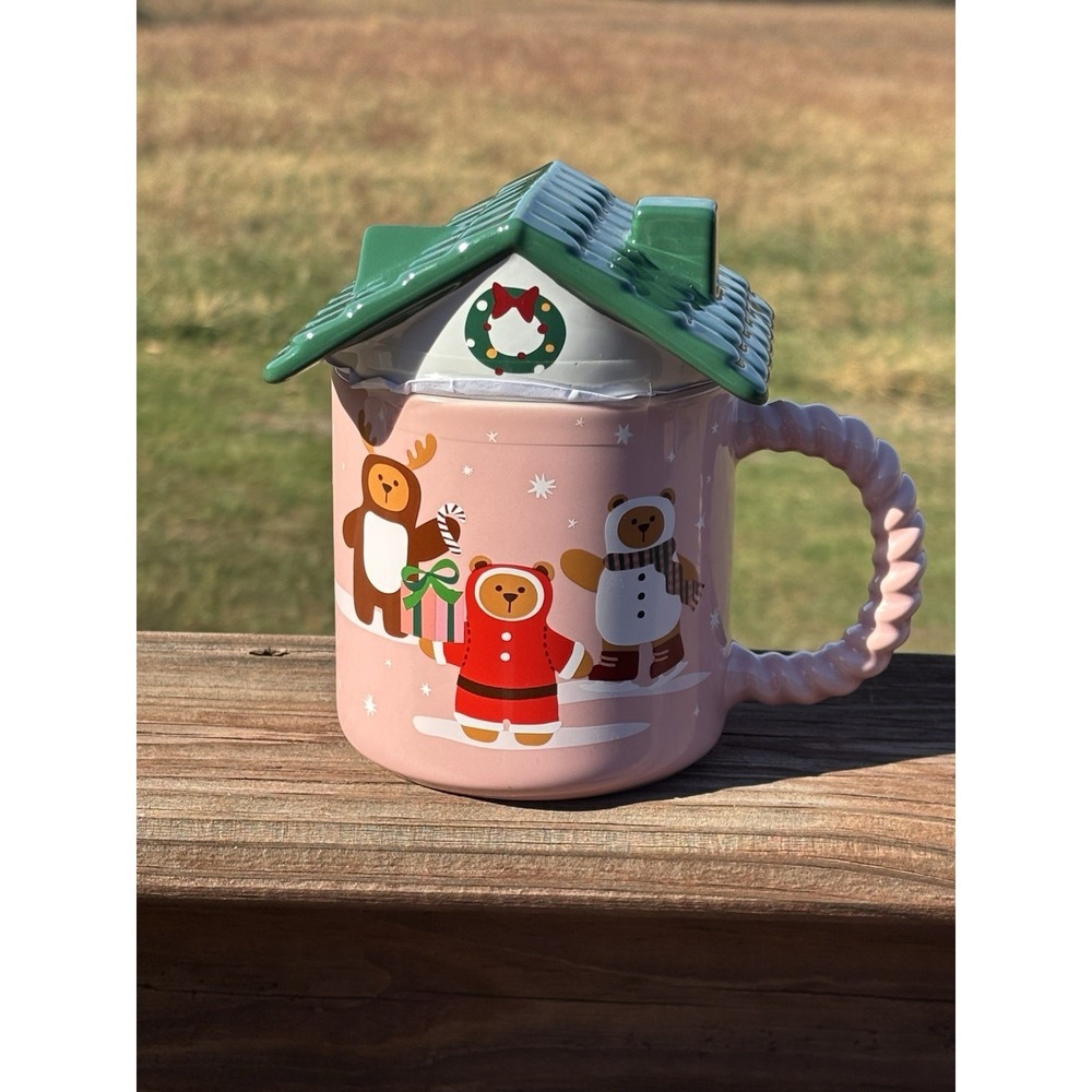 2025 Starbucks Christmas Holiday Pink Gingerbread House Mug Green Roof ~ NEW